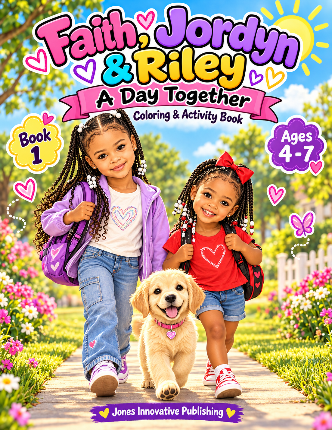 Faith, Jordyn & Riley: A Day Together, Coloring & Activity Book, Book 1, Ages 4–7. Cover showing two girls and a golden puppy on a flower-lined garden path.